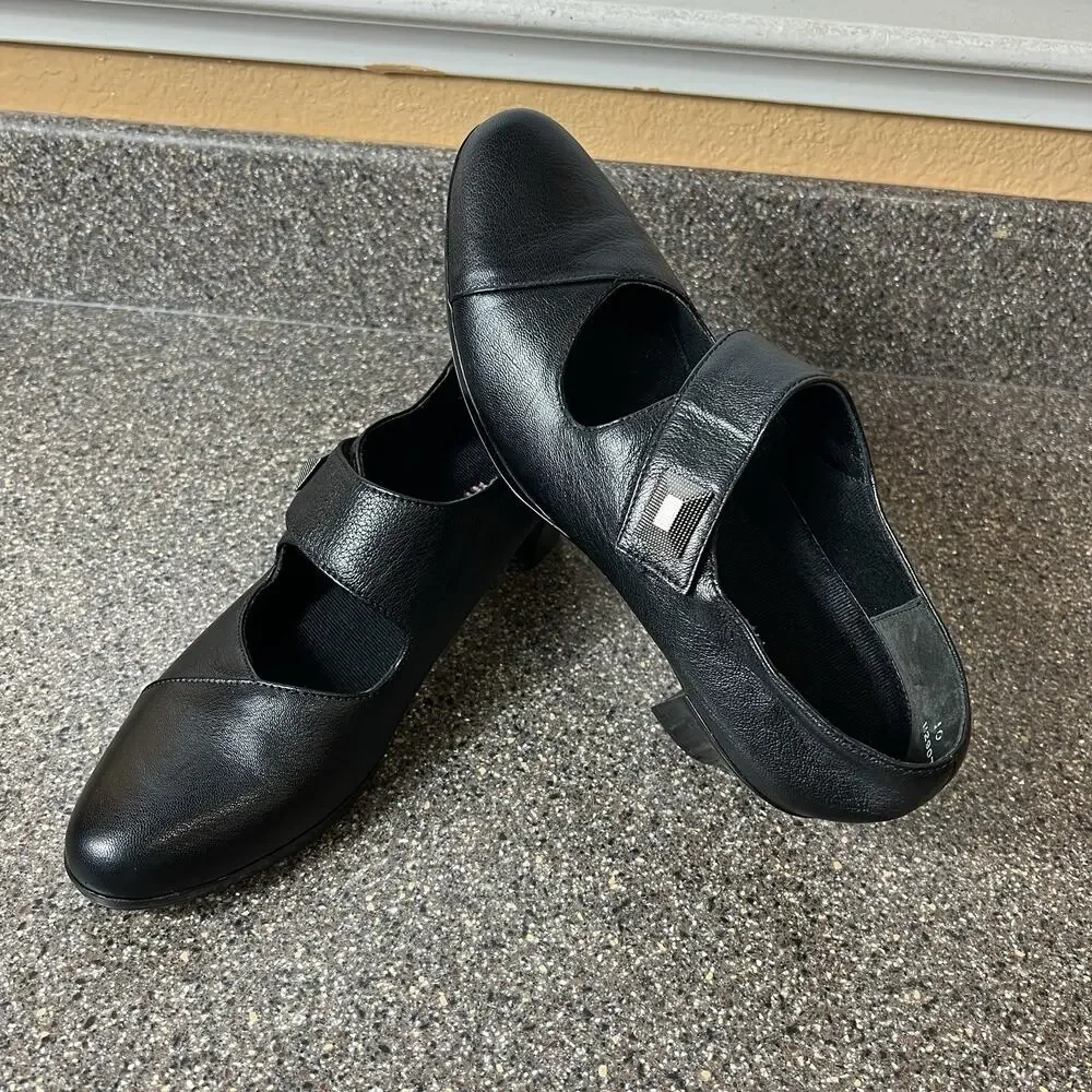Munro Women's Size 10 N Black Leather Mary Jane Pump Snap On Comfort Heels Shoes